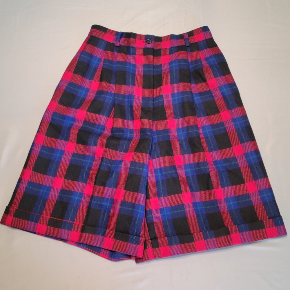 Talbots Wool‎ Plaid Bermuda Shorts Womens 8 Red Blue Tartan Pleated Vintage USA
